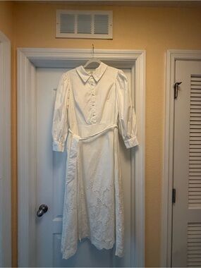 Mikael Aghal White Long Sleeve Button-Up Midi Dress with Embroidered Skirt